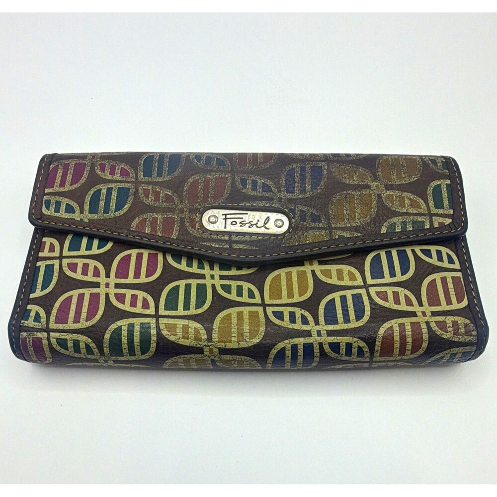 Fossil Vintage Women’s Brown Multicolor Geometric Zip Wallet Card Slots